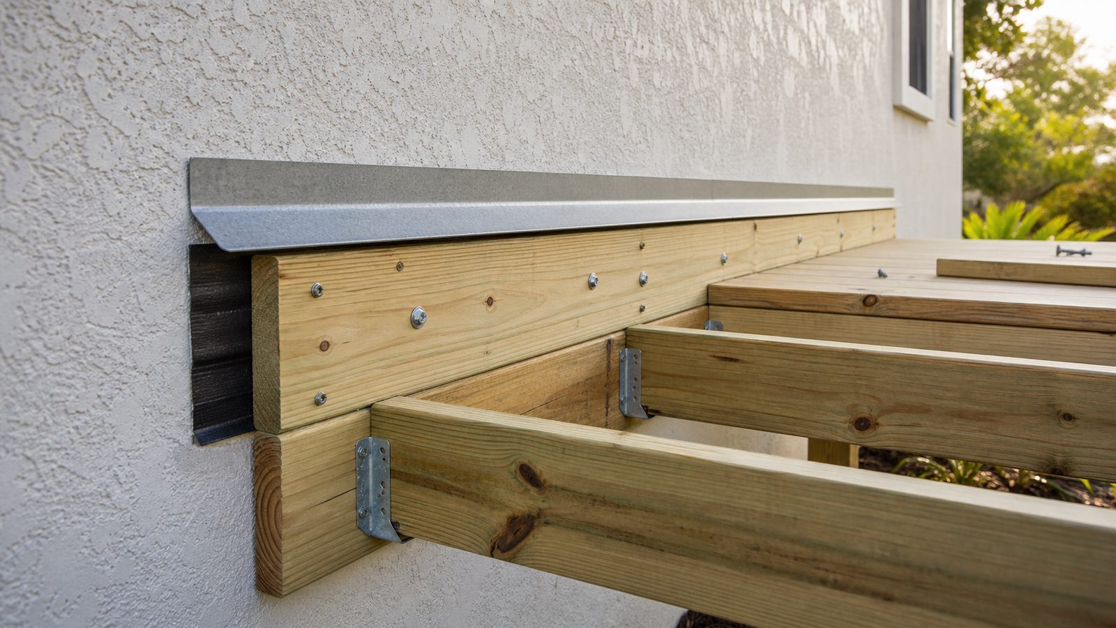 Deck ledger with flashing, membrane, joist hangers, and exterior fasteners
