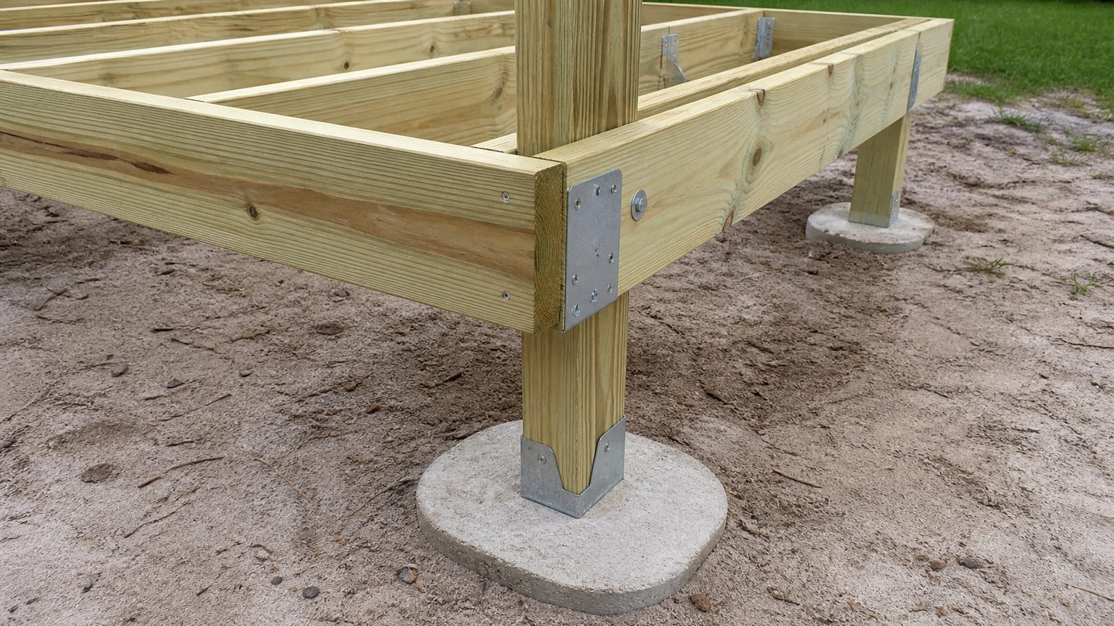 Pressure-treated deck frame supported by a post base on a concrete pier