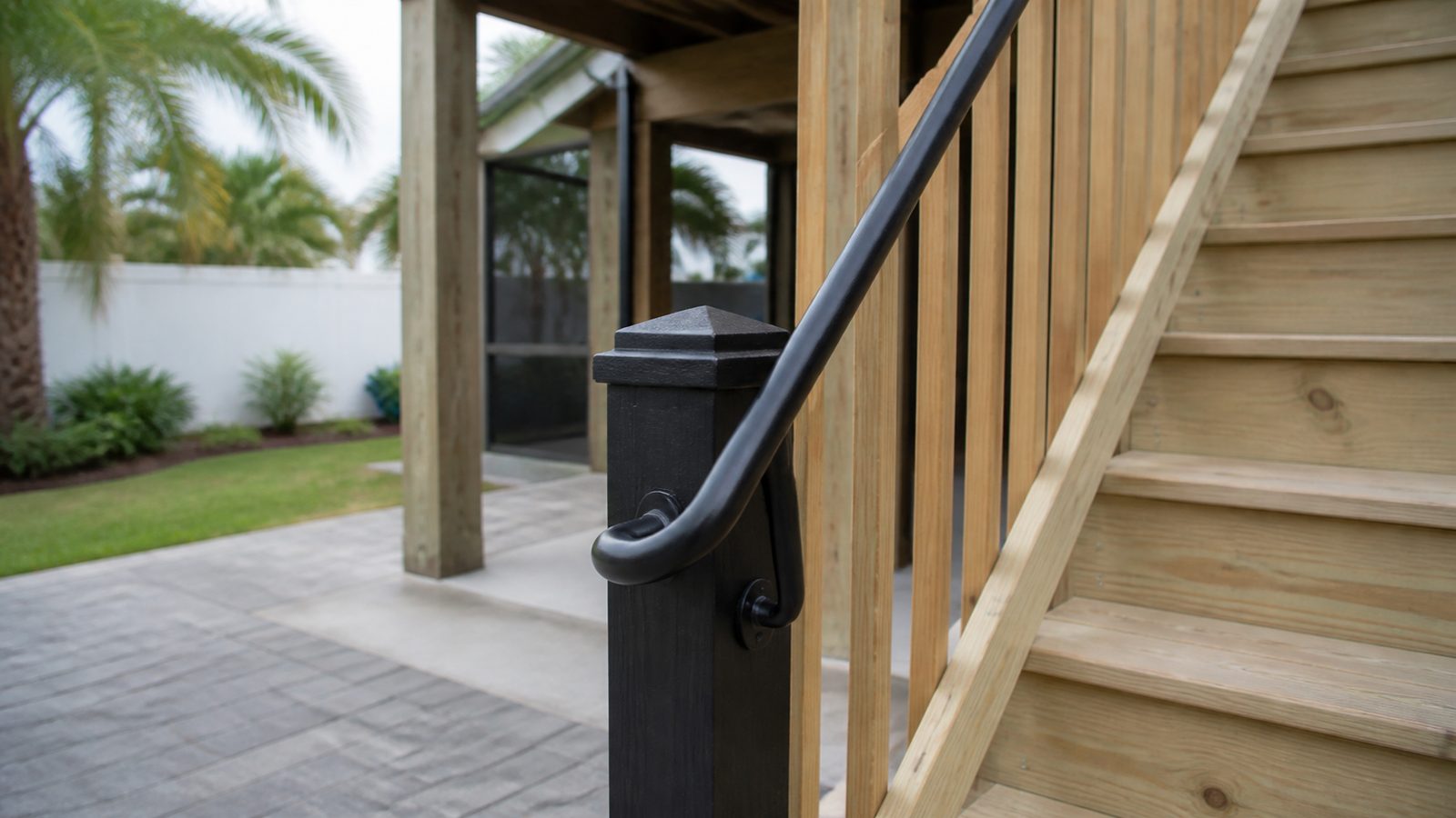 Round black stair handrail returned into a square deck post with exterior brackets