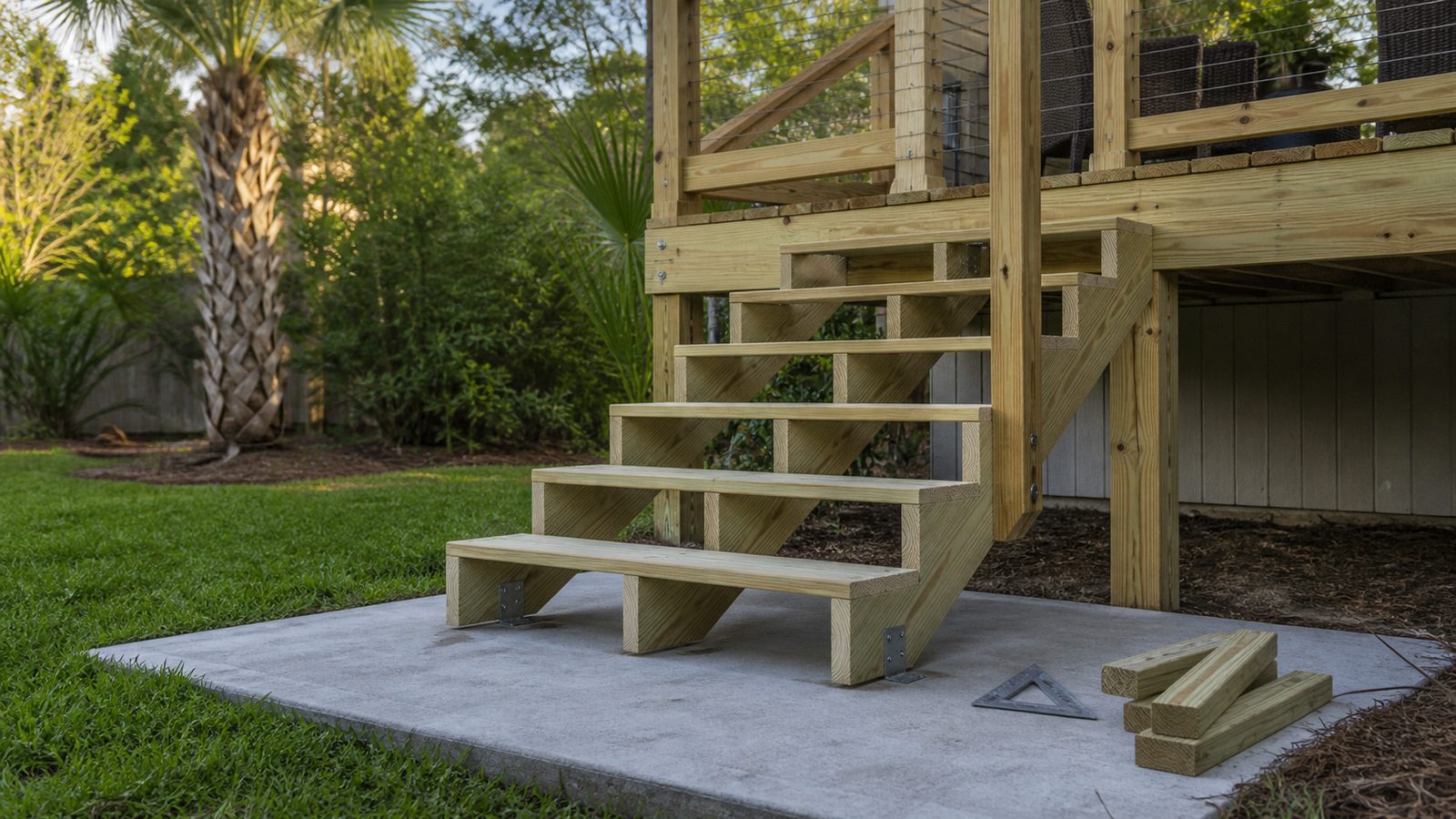 Pressure-treated deck stair framing with a secure landing and handrail post