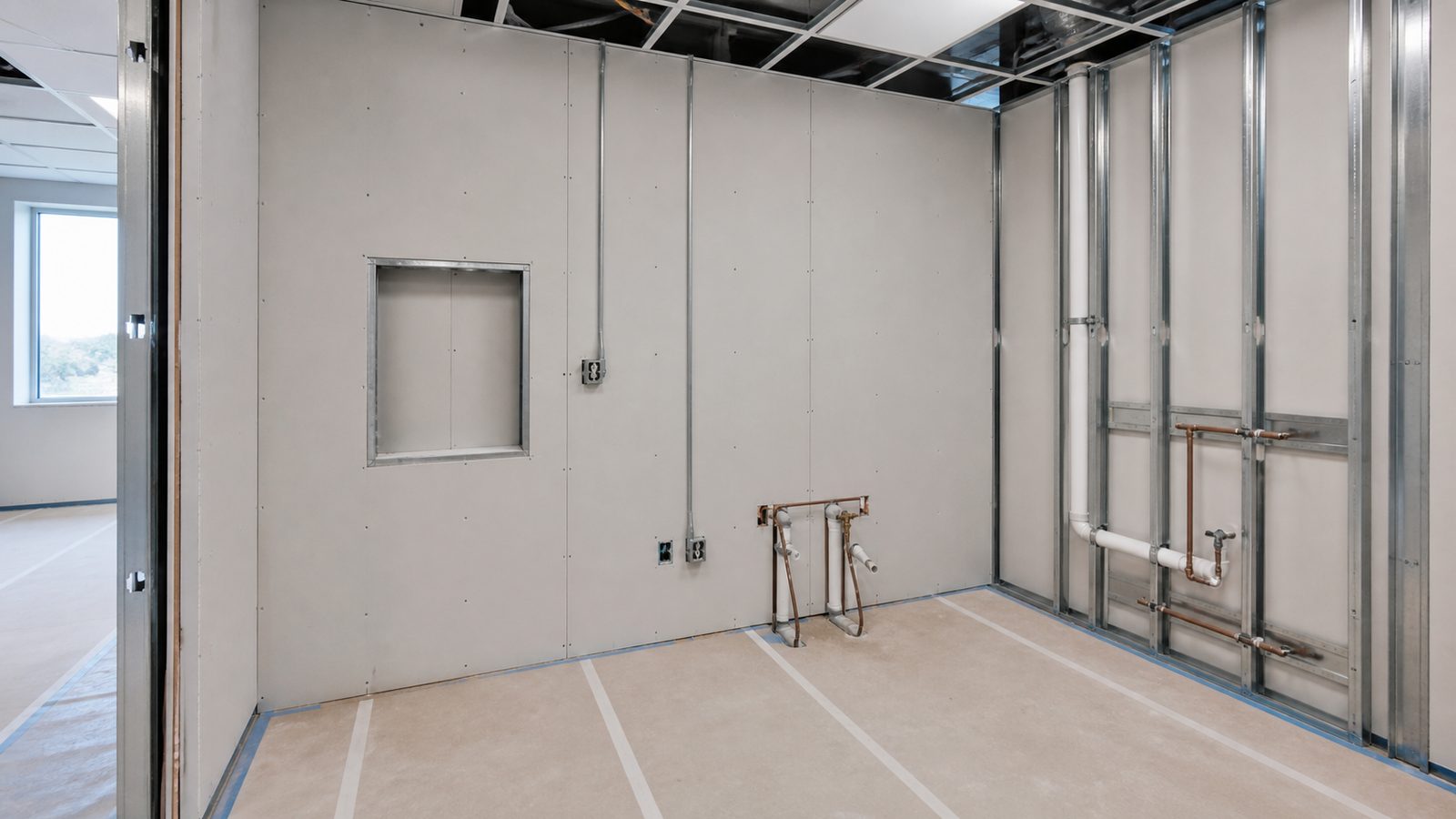 Medical treatment room rough-in with coordinated medical, electrical, plumbing, and wall systems