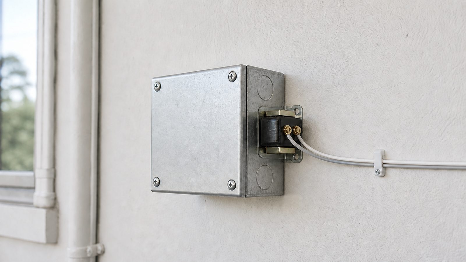 Doorbell transformer on a covered metal junction box with two secured bell wires