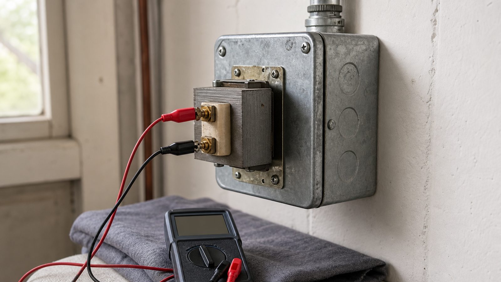 Older doorbell transformer with clipped test leads and a dark multimeter