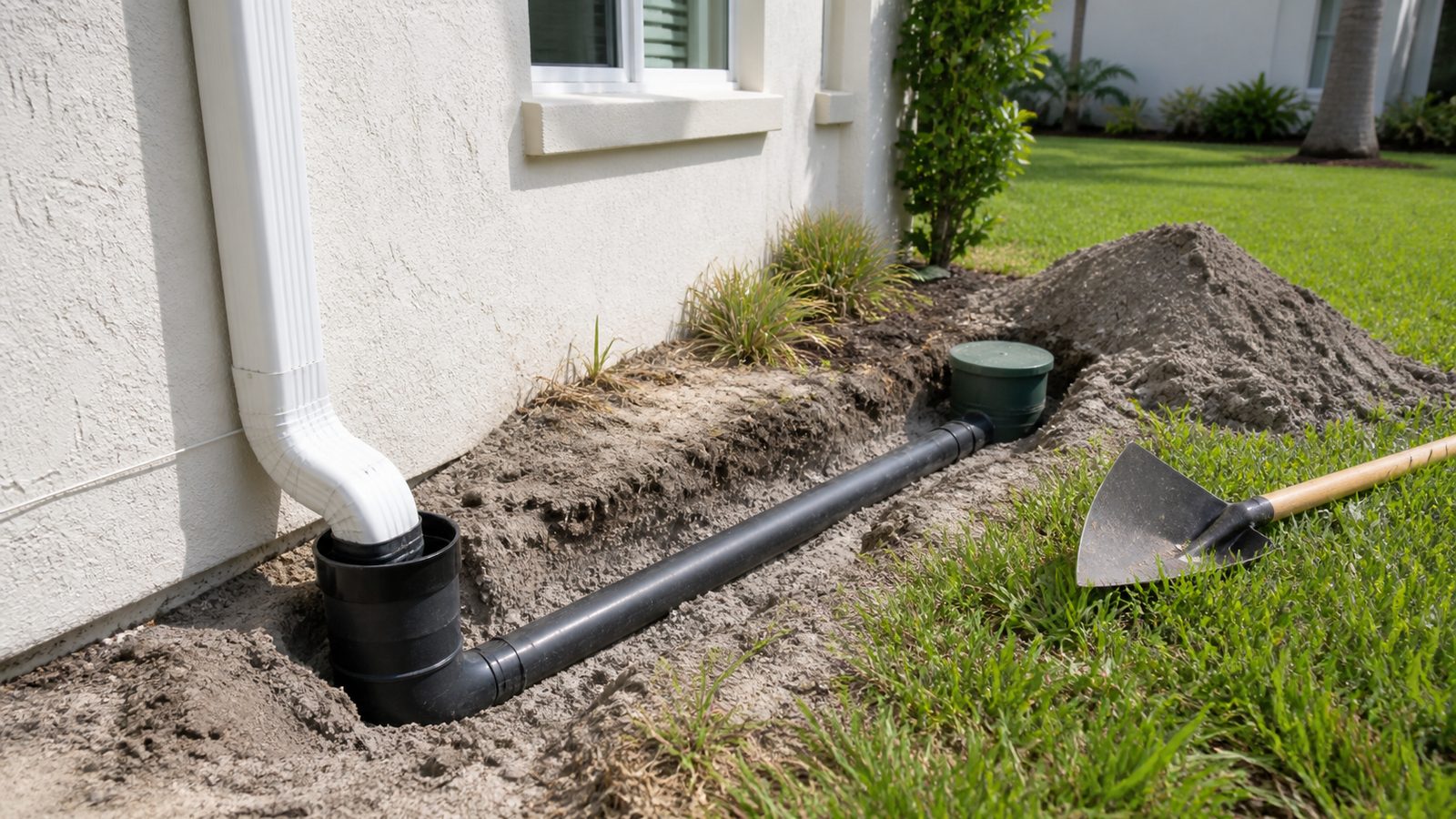Downspout connected to a buried drain extension with a cleanout beside a Florida home