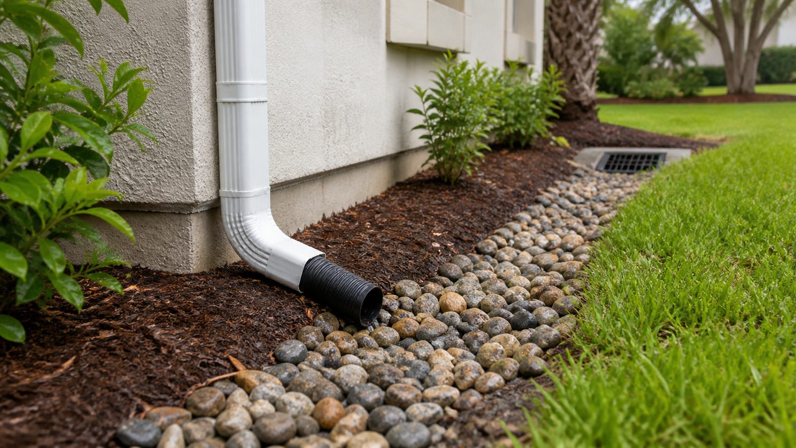 Downspout discharge routed into a shallow rock-lined swale away from a Florida home foundation