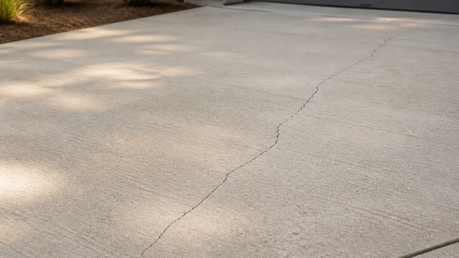 Broom-finished residential driveway with a modest narrow crack in a controlled repair setting