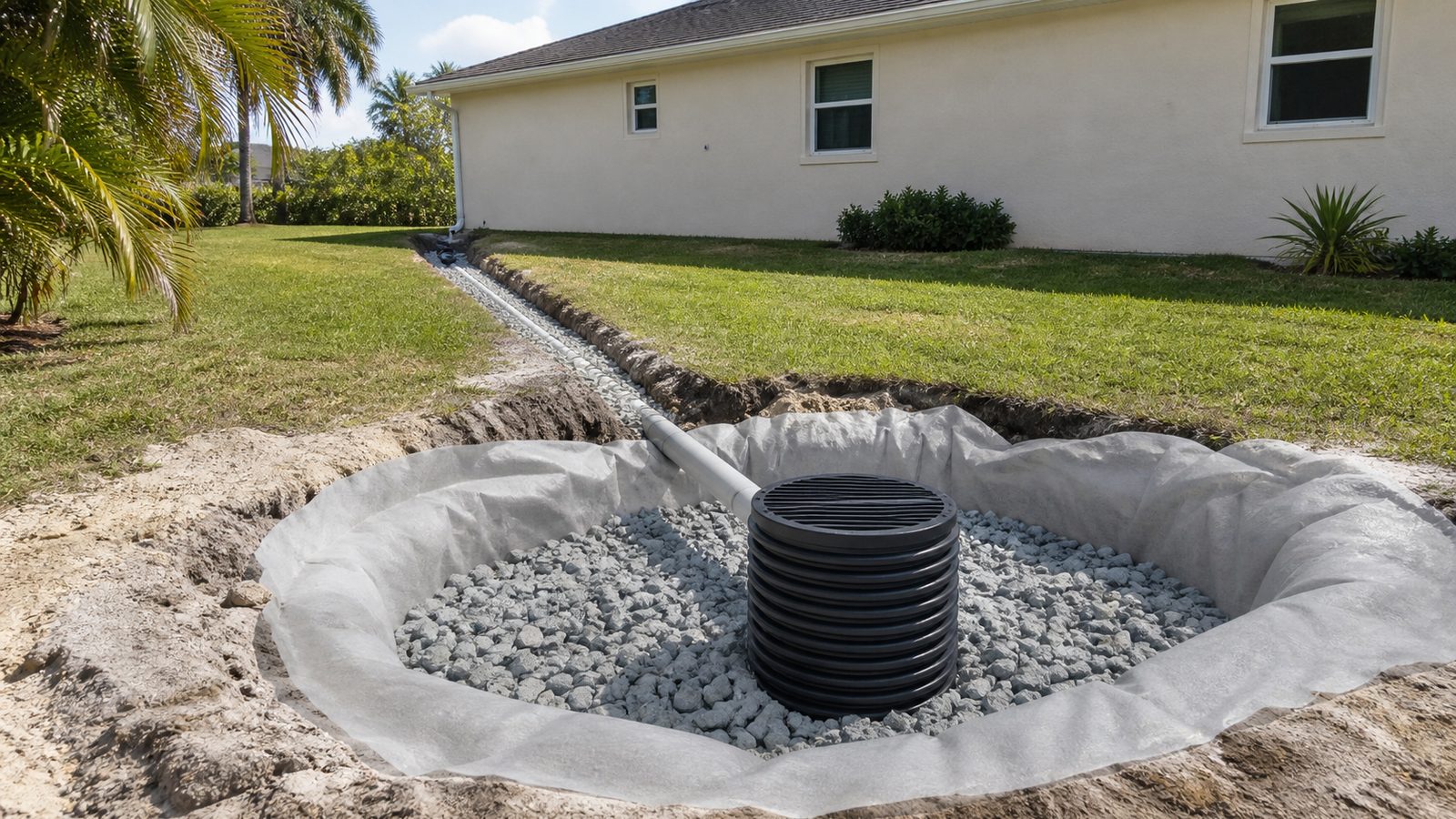 Dry-well chamber set in washed stone and filter fabric across a Florida side yard