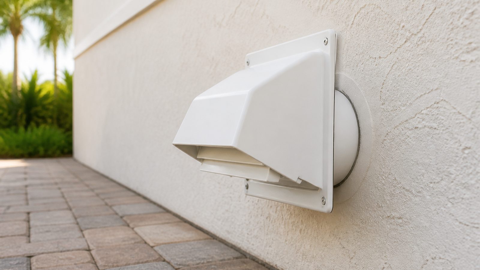White exterior dryer-vent hood with a backdraft flap on a light stucco wall