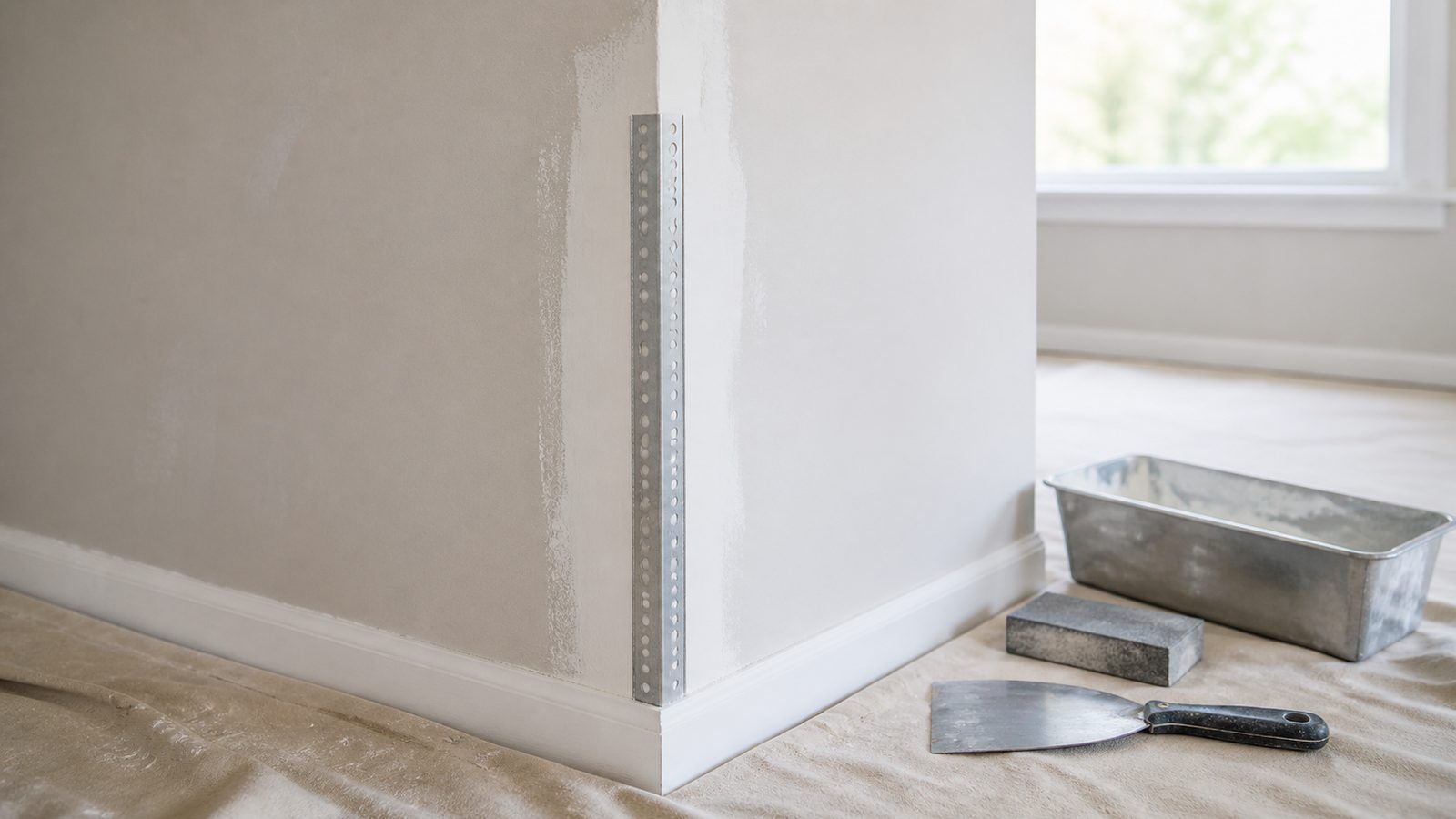 Interior wall corner prepared with straight bead and feathered joint compound