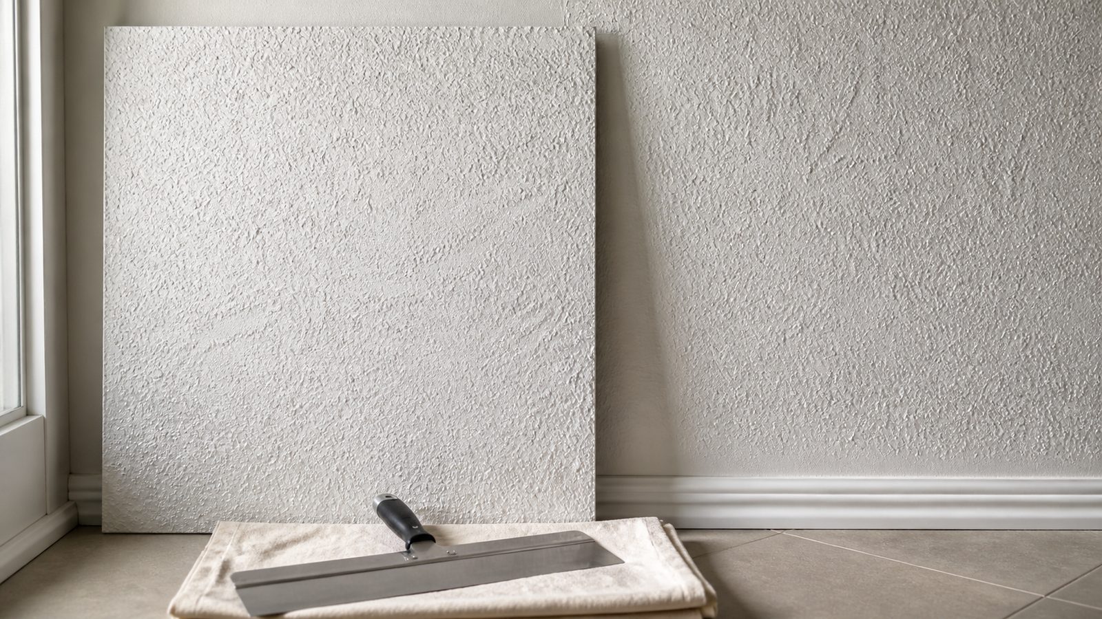 Drywall practice board beside a wall with a matching small-scale textured finish