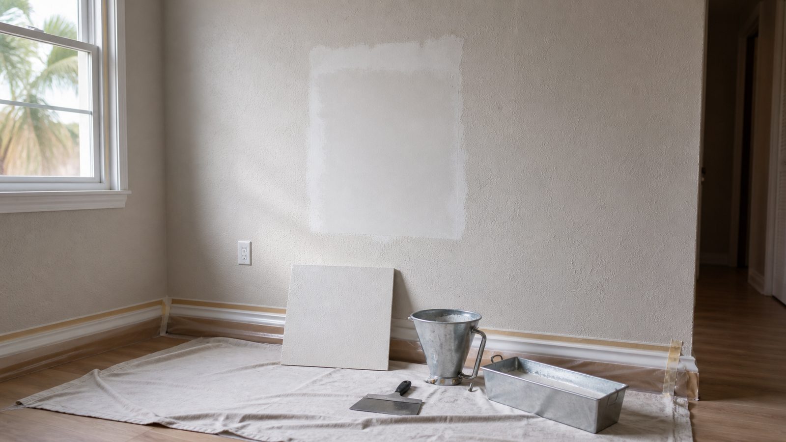 Unoccupied room with protected floor and a feathered drywall patch prepared for texture matching