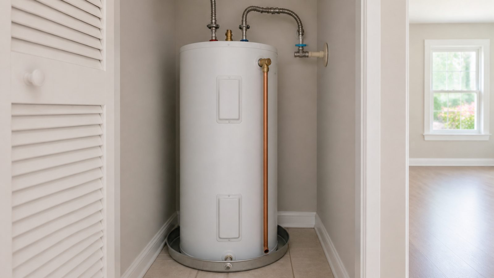 Generic electric tank water heater in an accessible utility closet with a drain pan