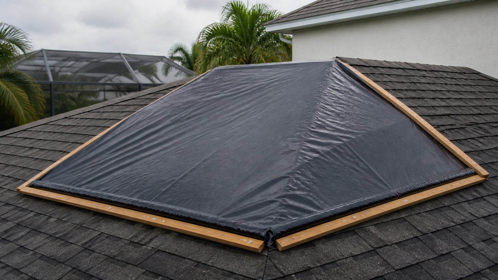 Dark roof sheeting secured across a Florida hip roof ridge with lumber battens around the perimeter