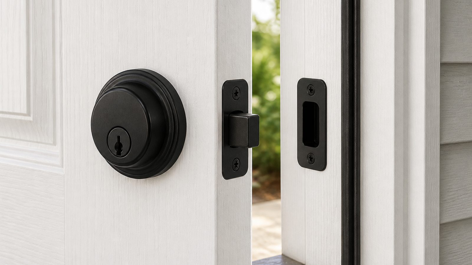 Matte-black exterior deadbolt, latch bolt, and aligned strike plate on a white door