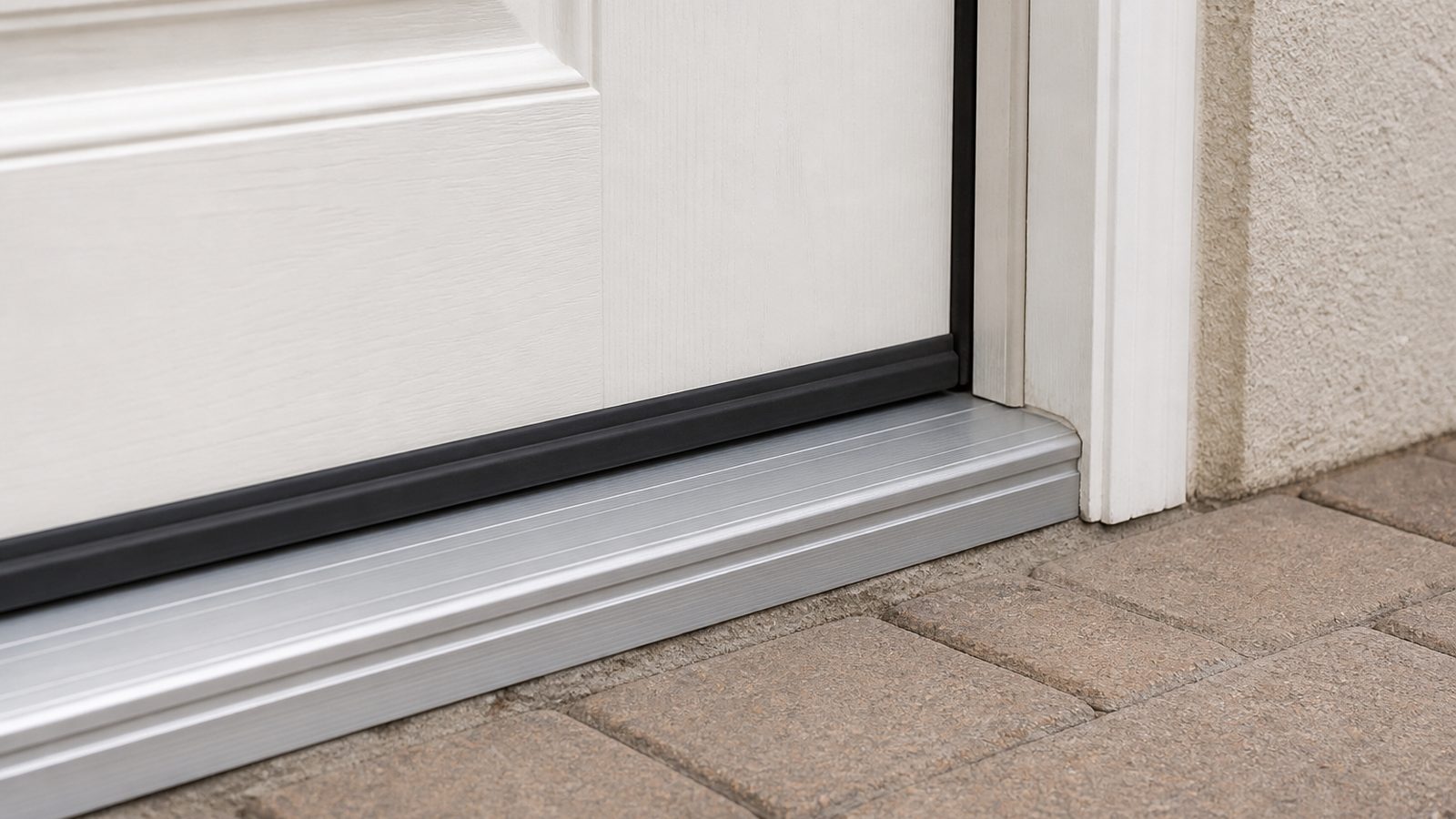 White exterior door with an even sweep contact on a clean aluminum threshold