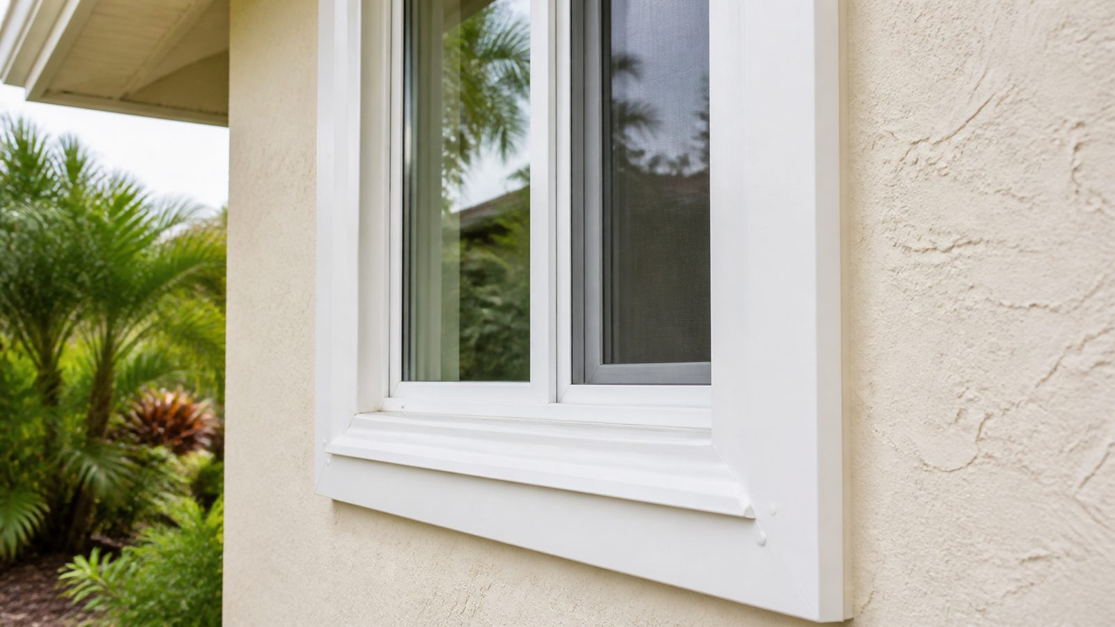Finished white exterior window trim on a Florida home after opening work