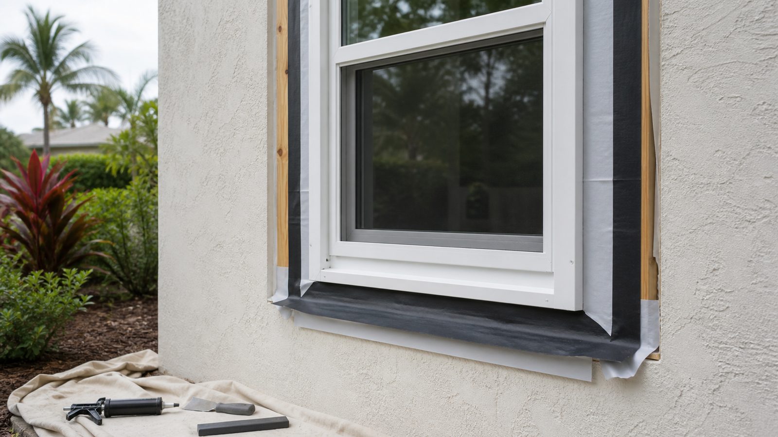 Vinyl window opening with sill flashing and a visible jamb channel