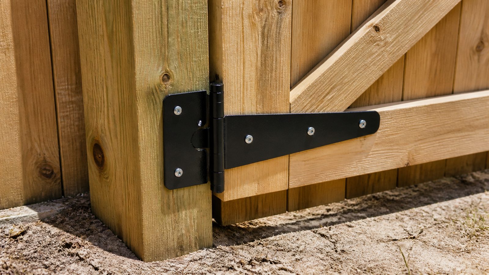 Exterior-rated gate hinge fastened to a sturdy wood post with a diagonal brace behind it
