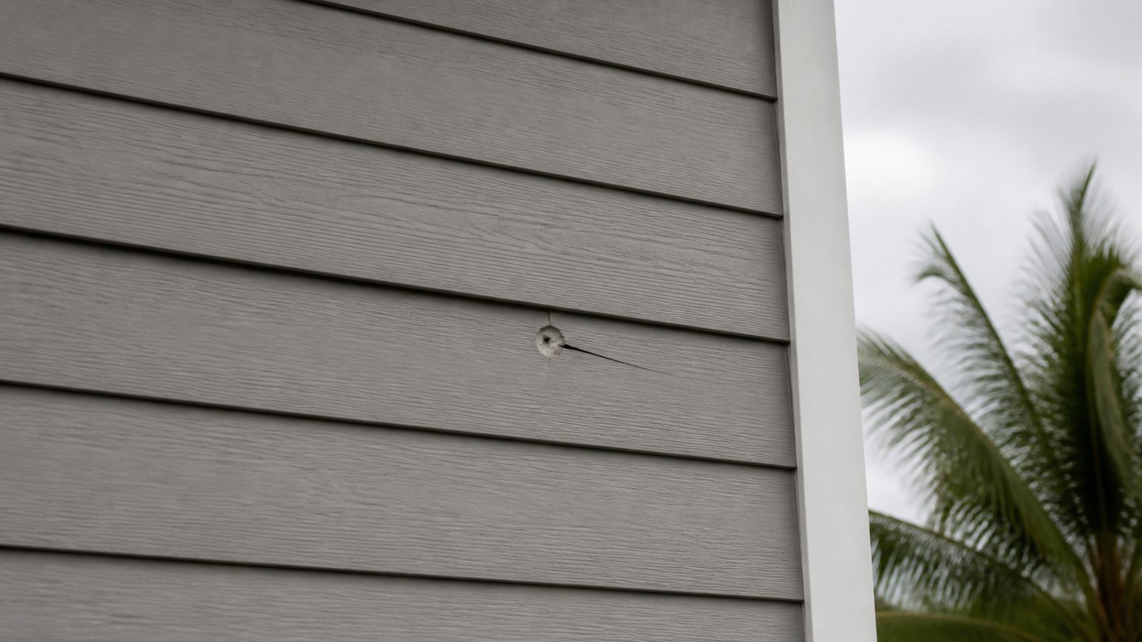 Single cracked gray fiber cement plank among aligned siding rows