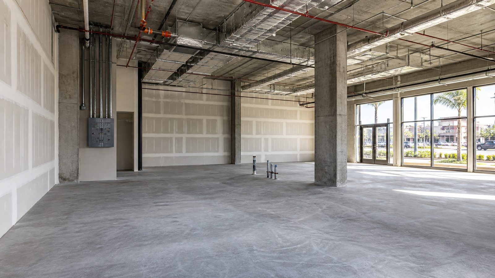 First-generation commercial shell under construction with open structure, concrete floor, service rough-ins, and future tenant space
