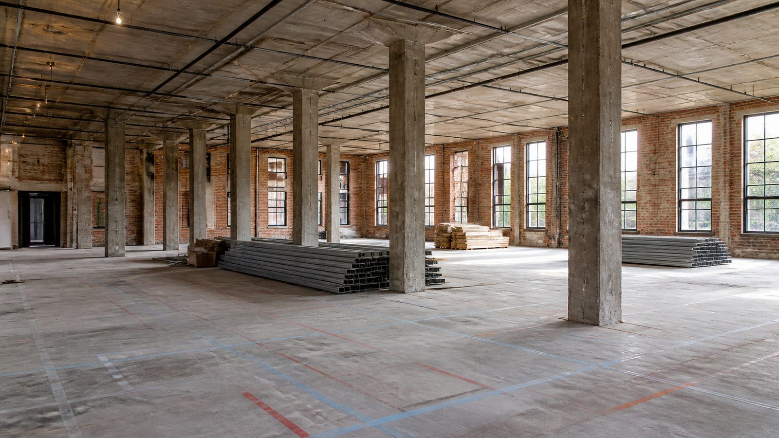 Brick-and-concrete commercial shell with exposed columns and staged metal studs