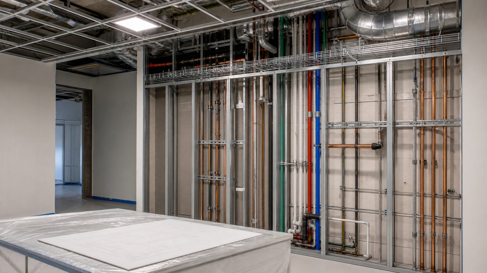 Unoccupied commercial service wall with organized piping, conduit, cable tray, ductwork, and a blank plan table
