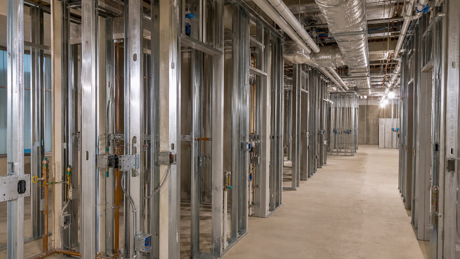Medical office rough-in with metal studs, ducts, pipes, and electrical boxes