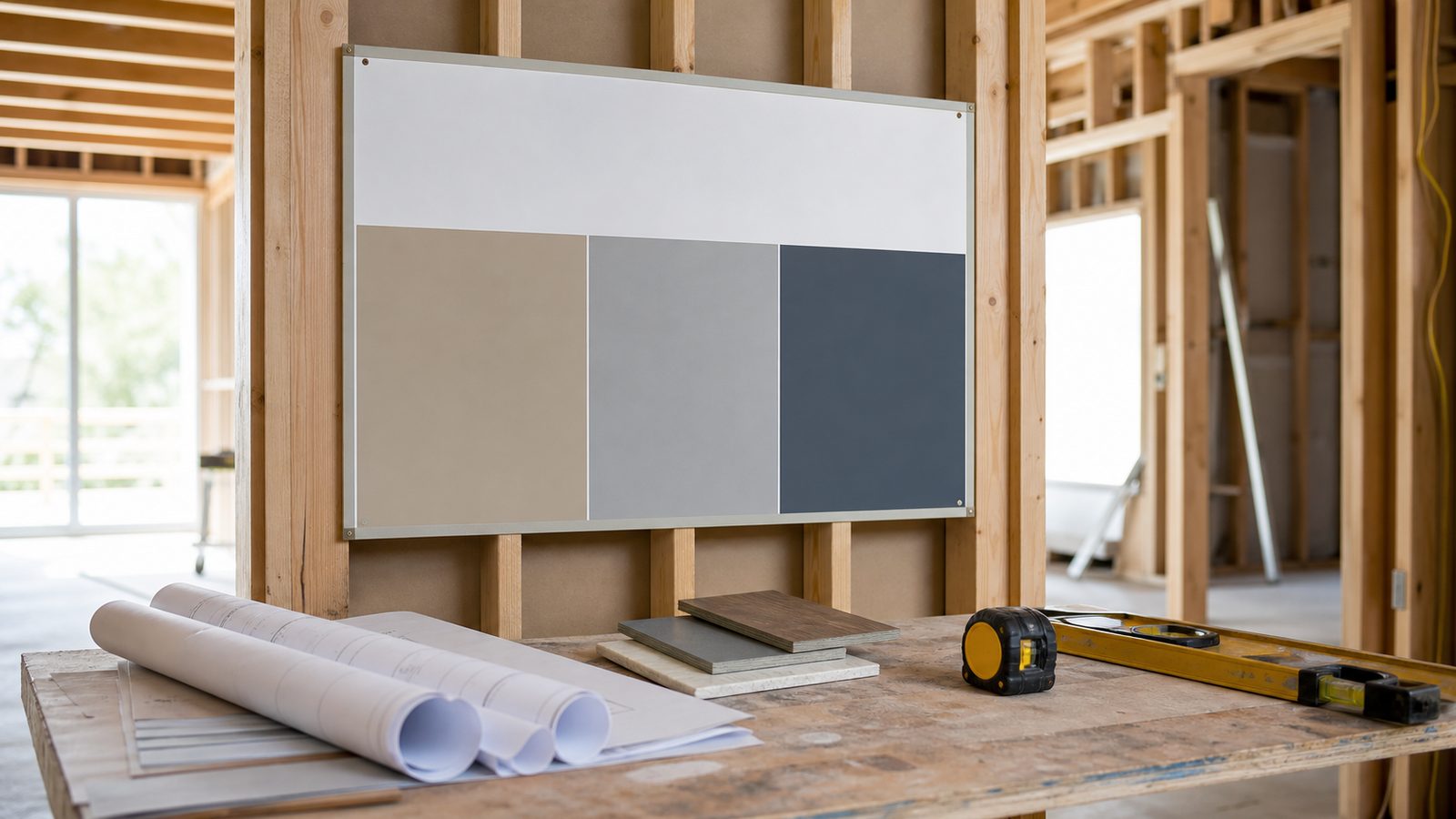 Blank project board, rolled plans, finish samples, level, and tape measure inside open framing