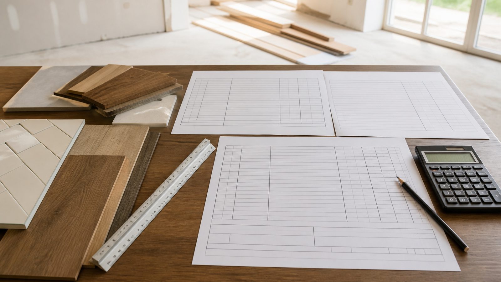 Blank estimate sheets, finish samples, ruler, and calculator on a planning table