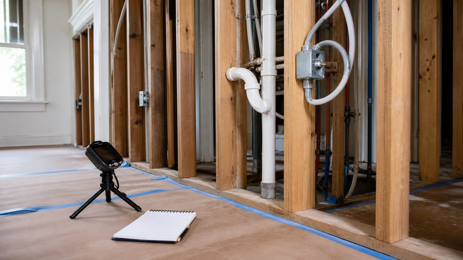 Opened residential wall with visible utilities and an inspection camera