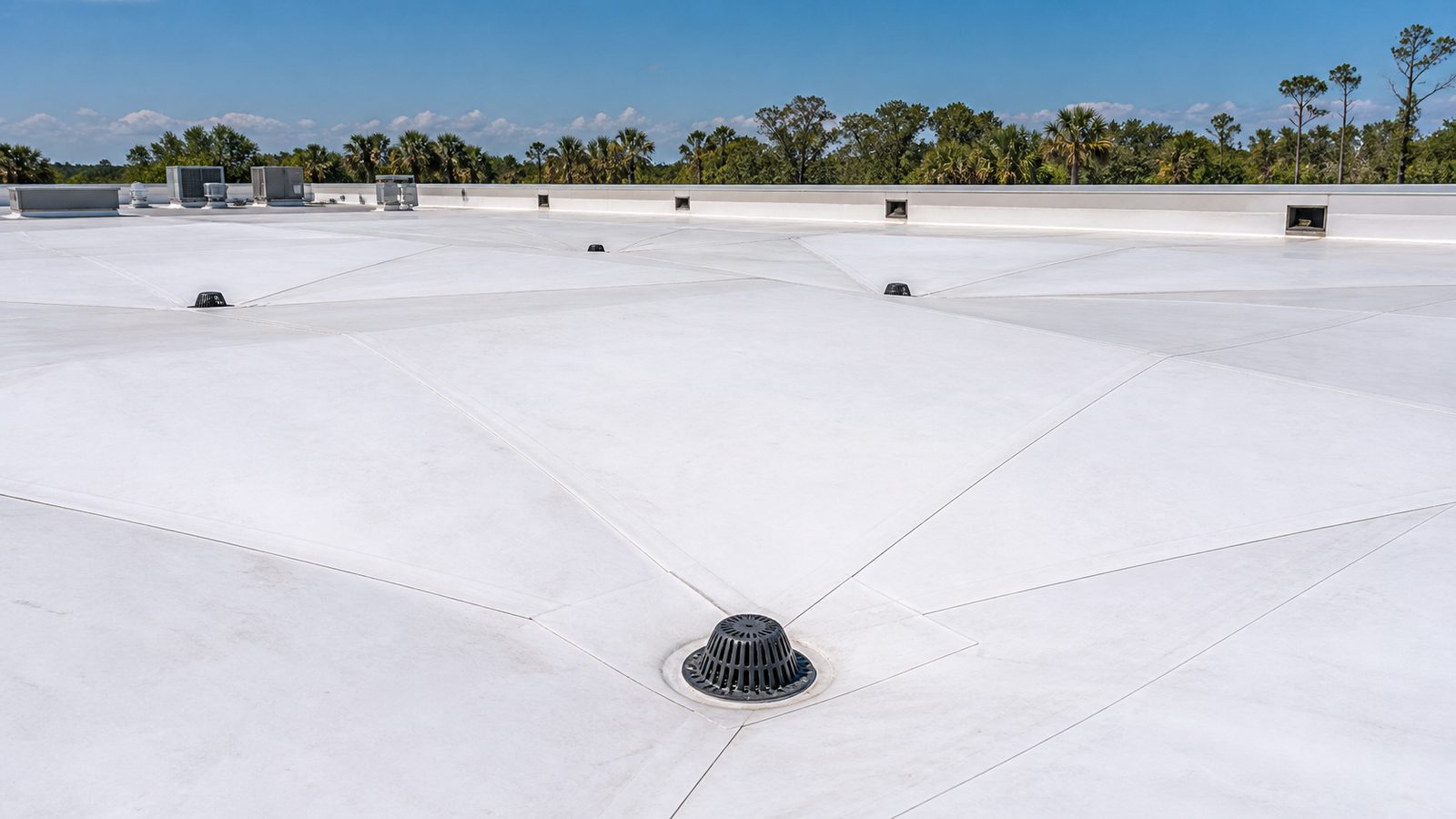 Wide TPO commercial roof with drains, tapered crickets, membrane seams, and parapet scuppers