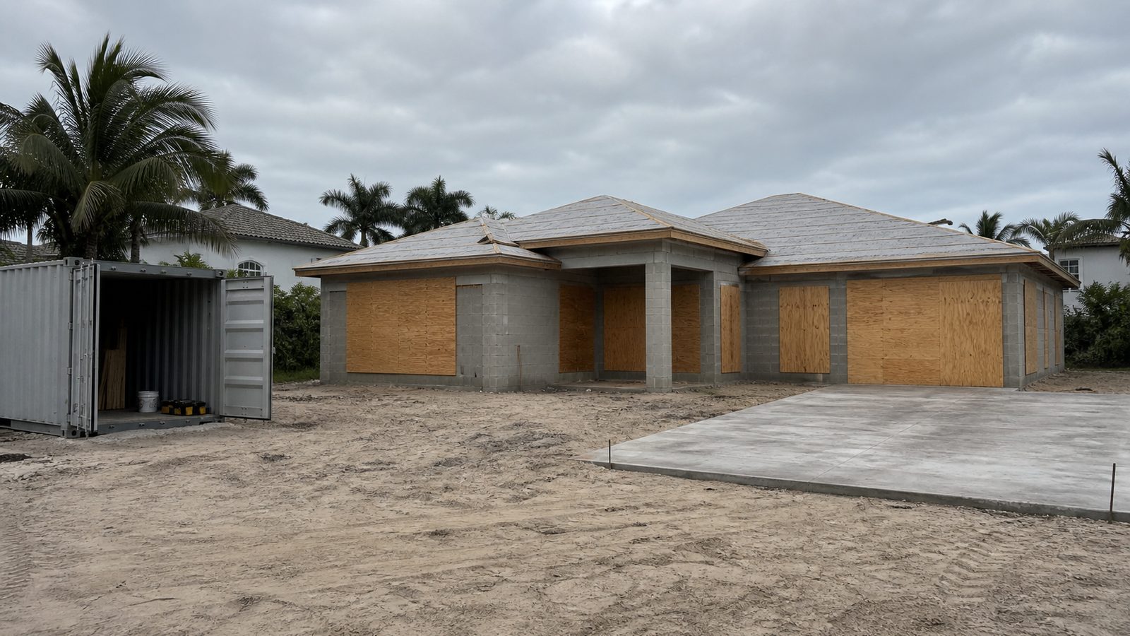 Boarded window and door openings at an unoccupied Florida masonry home under construction