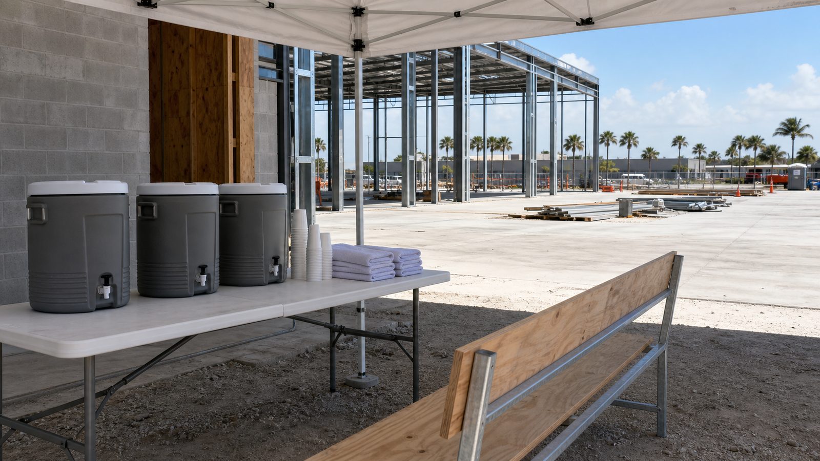 Shaded construction heat-rest station with plain water coolers, stacked cups, towels, and a bench