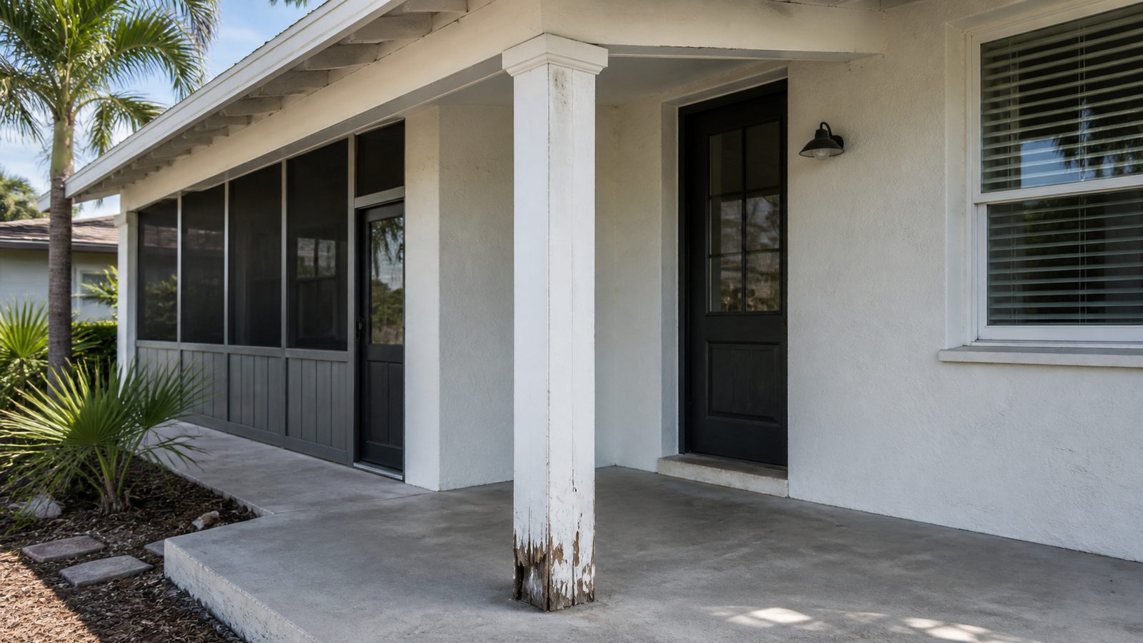 Florida porch with a painted support column showing localized rot at the concrete slab