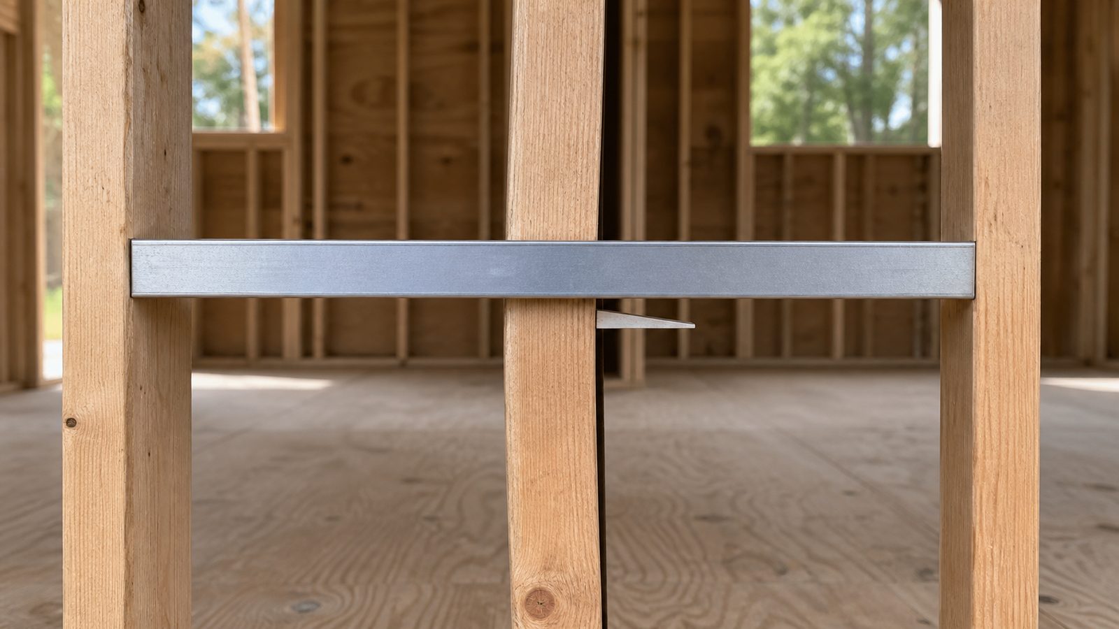 Straightedge spanning wall studs with a visible gap at the center stud