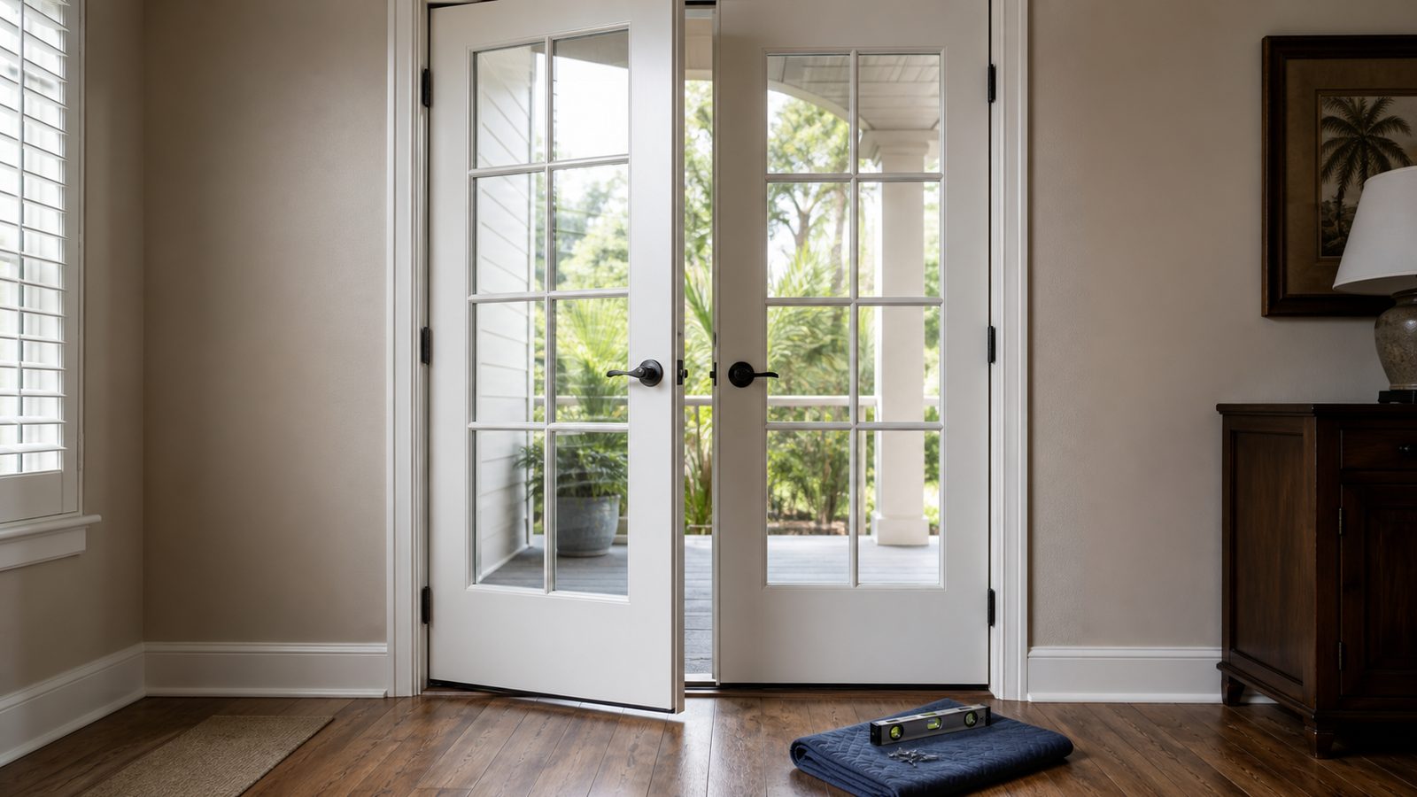 Interior double-door opening with aligned hinges and an even reveal