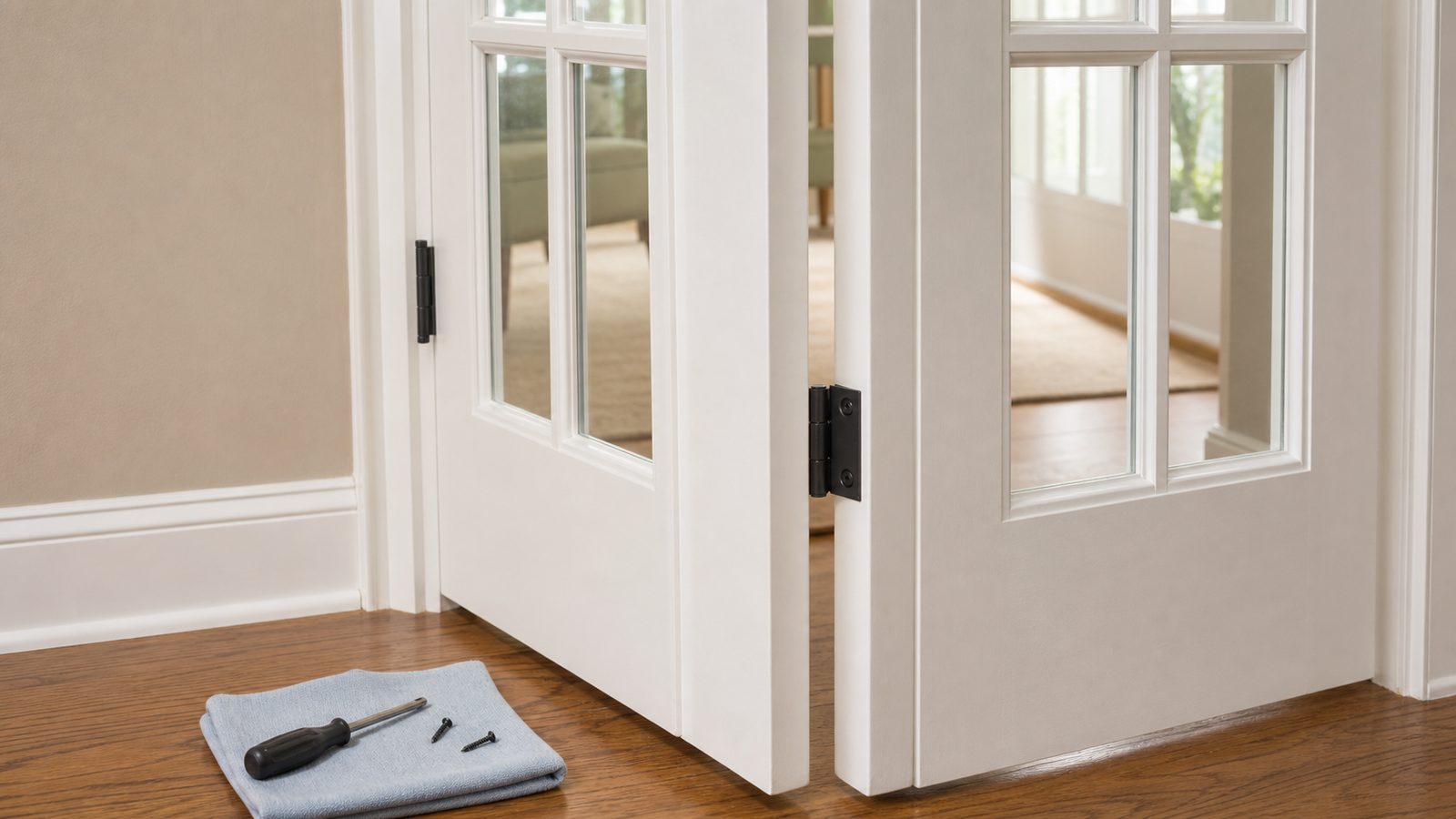 Aligned black door hinges and even meeting-edge spacing on white exterior doors