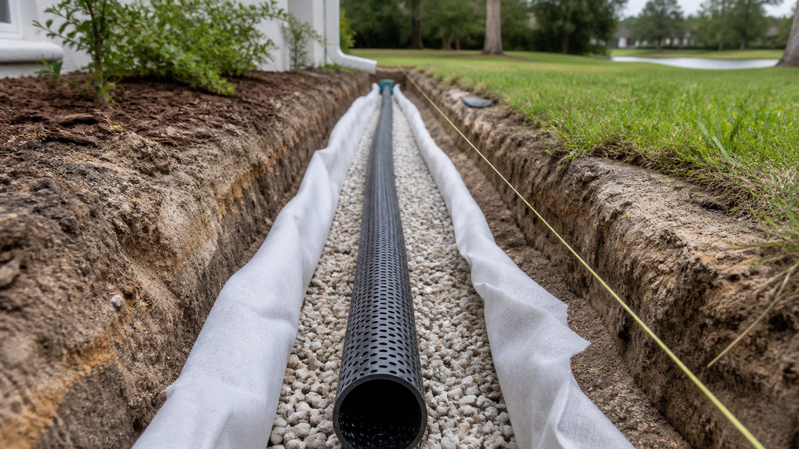 Perforated black French-drain pipe in washed gravel and white filter fabric in a yard trench