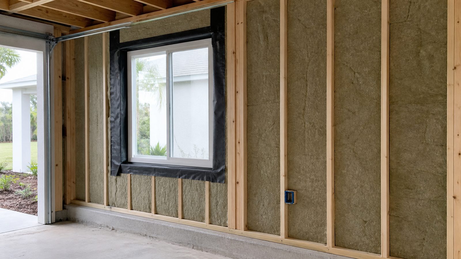 Unfinished Florida garage conversion with framed exterior wall, mineral-wool insulation, flashed window opening, and protected electrical box
