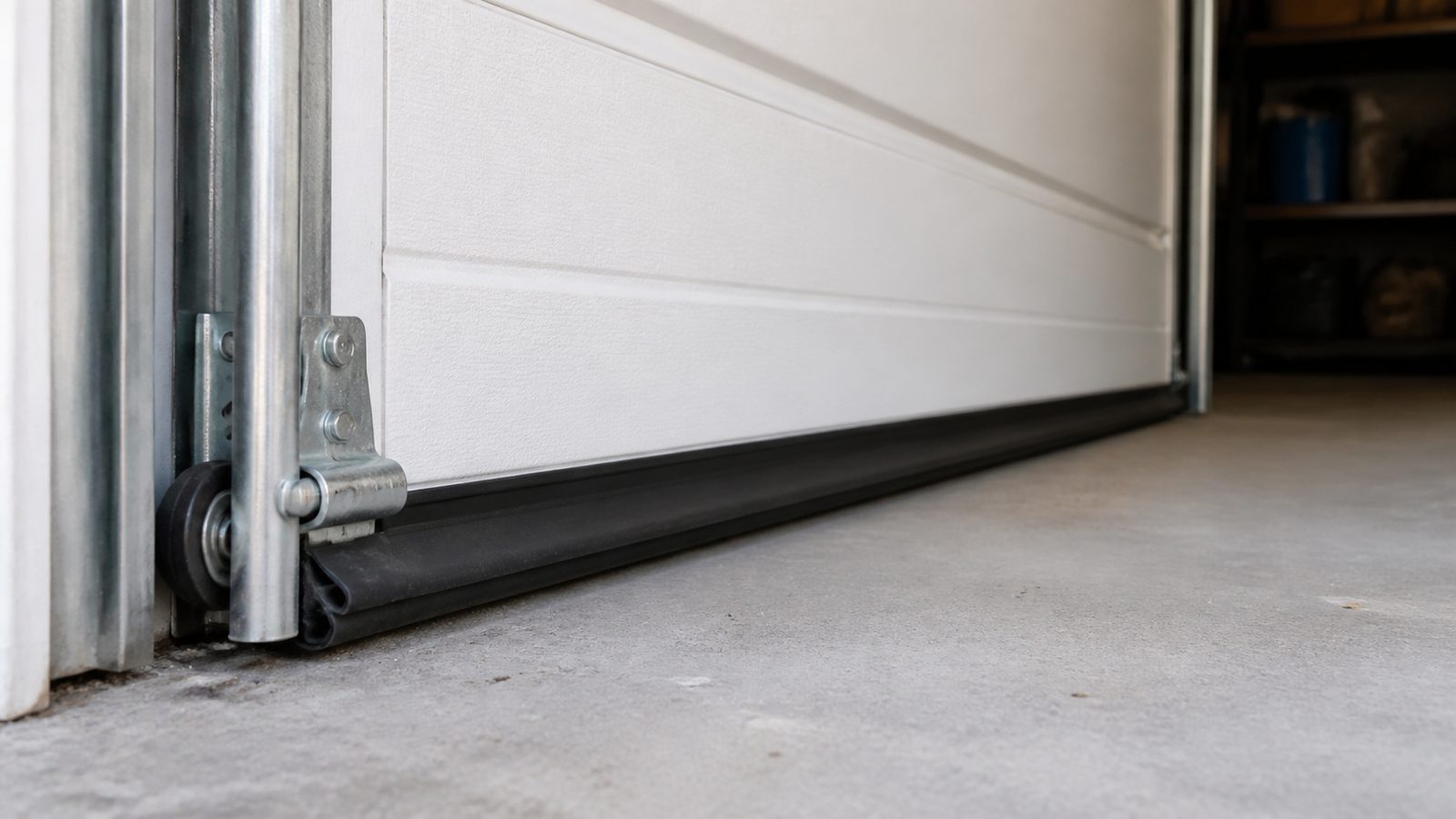 Garage door bottom seal, lower roller, track, and slab in close view