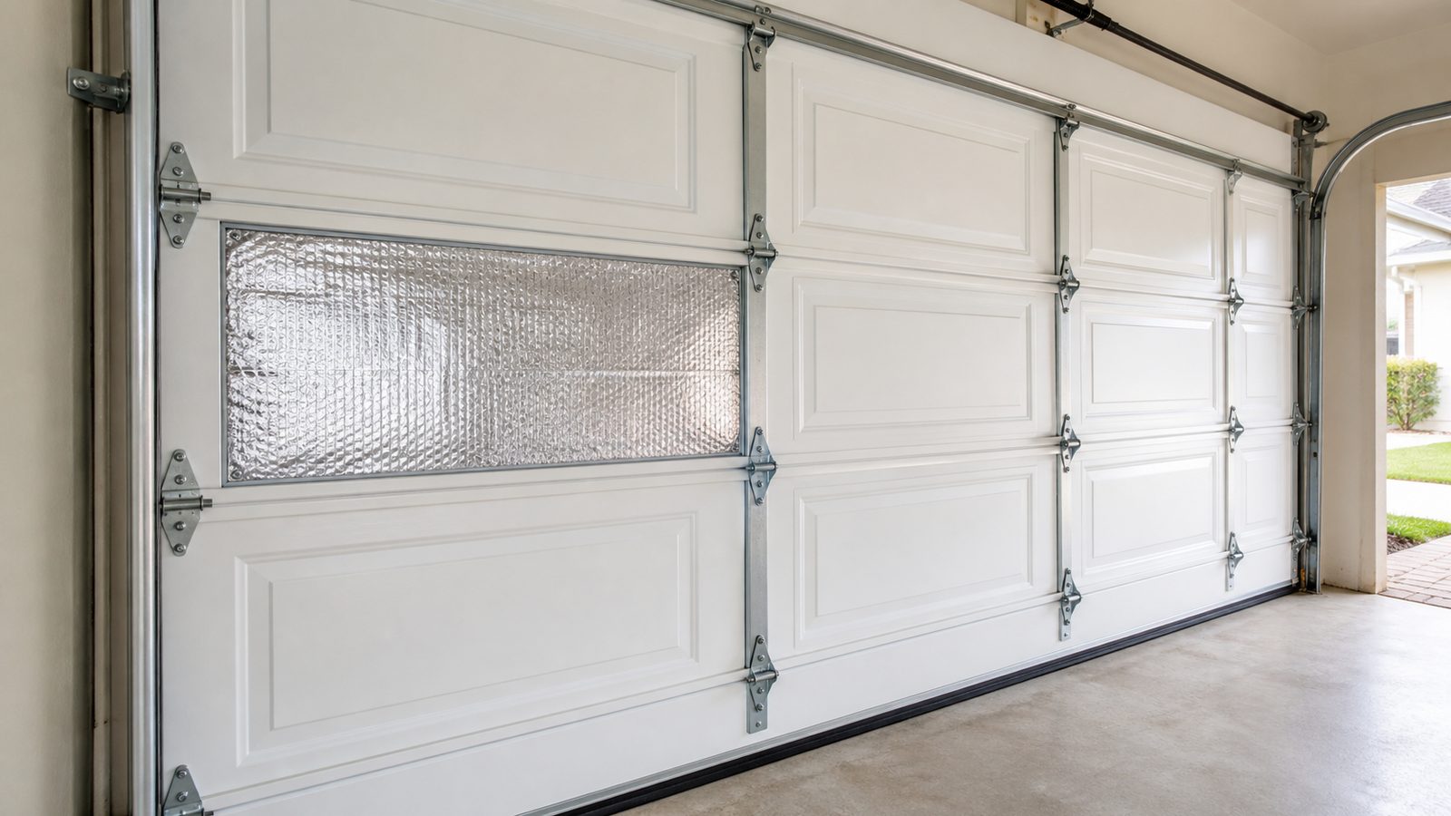 Reflective insulation panel fitted inside a white sectional garage door with hardware clearance