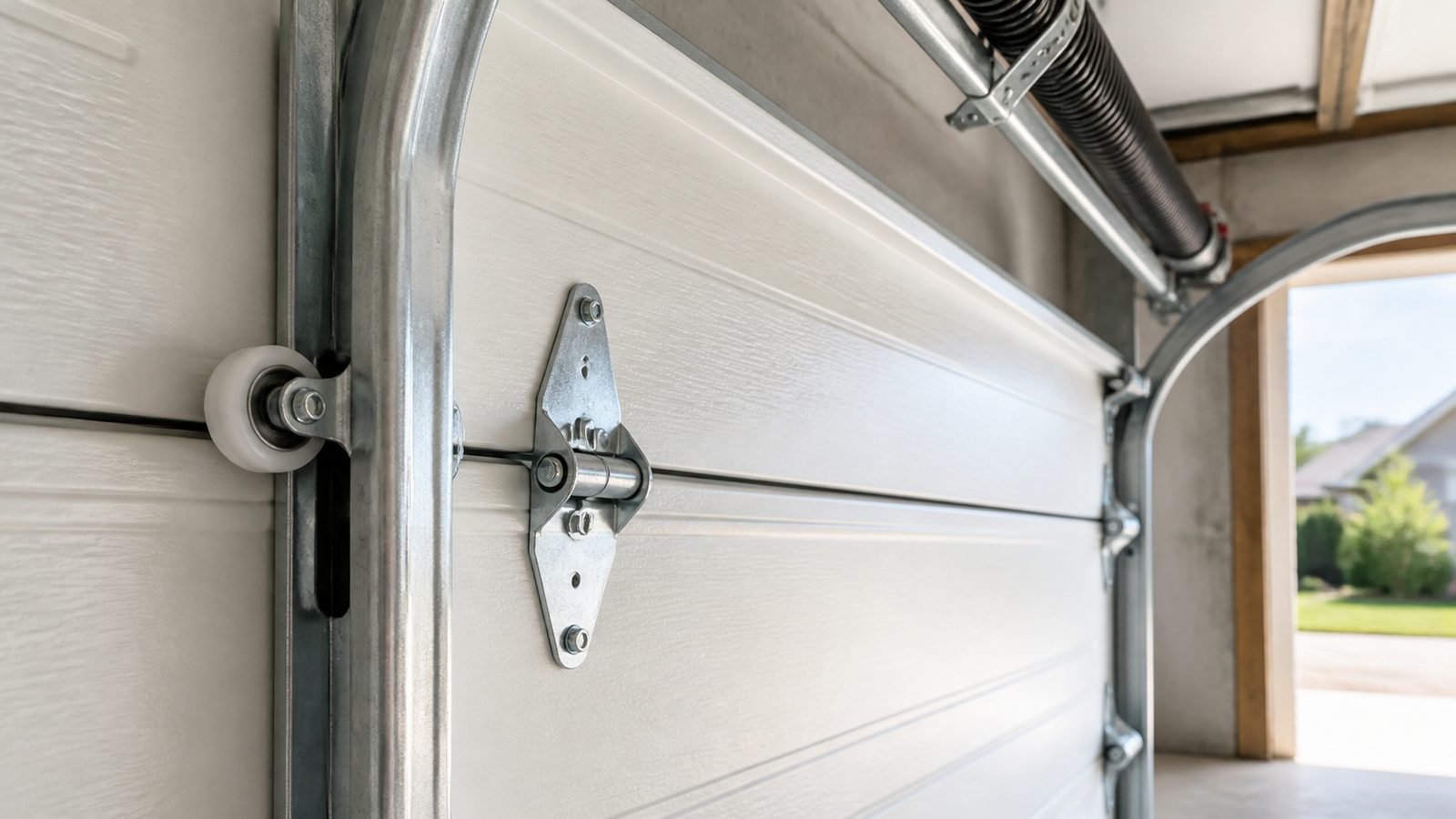 Nylon garage door roller seated in a vertical track beside a metal hinge