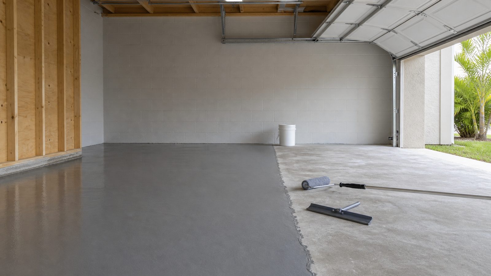 Gray epoxy base coat meeting ground concrete at a wet edge beside a squeegee and roller