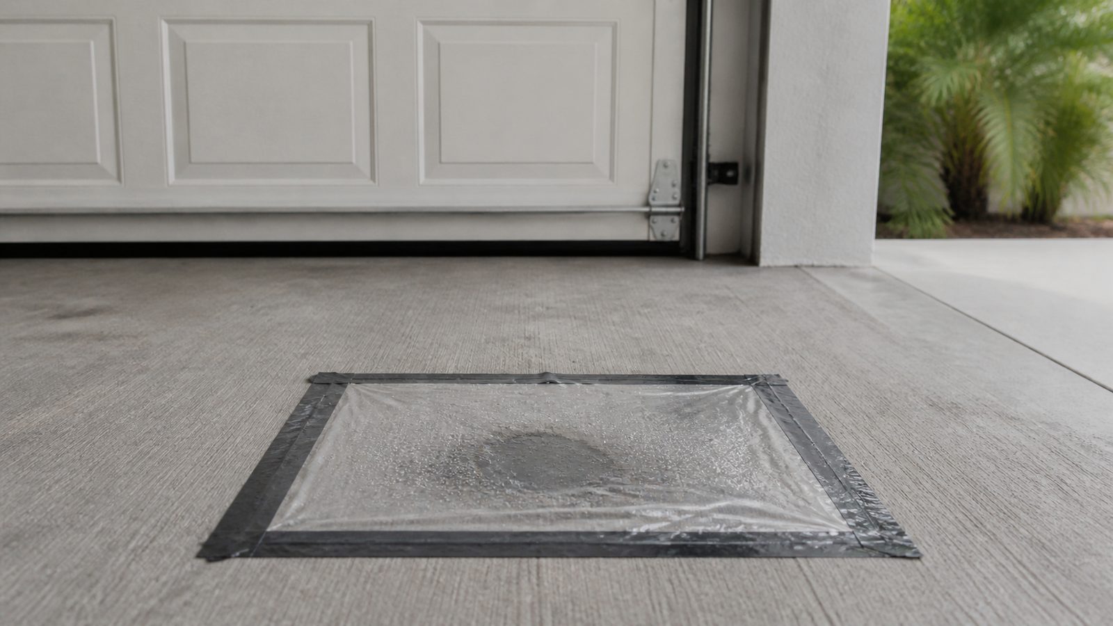 Clear plastic moisture test sealed to a concrete garage slab with condensation beneath it