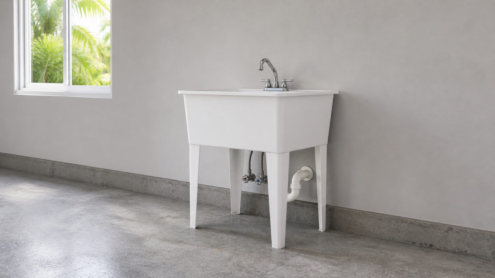 Freestanding white utility sink with exposed supply, drain, and garage connections