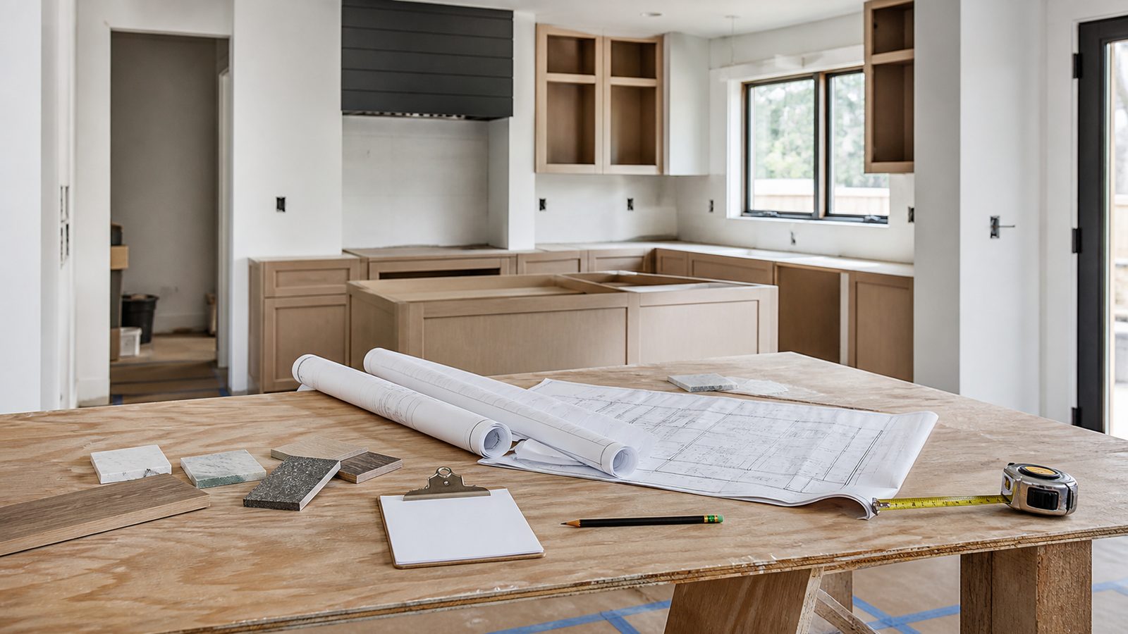 Blank project documents, abstract plans, finish samples, and measuring tools in an unoccupied kitchen renovation