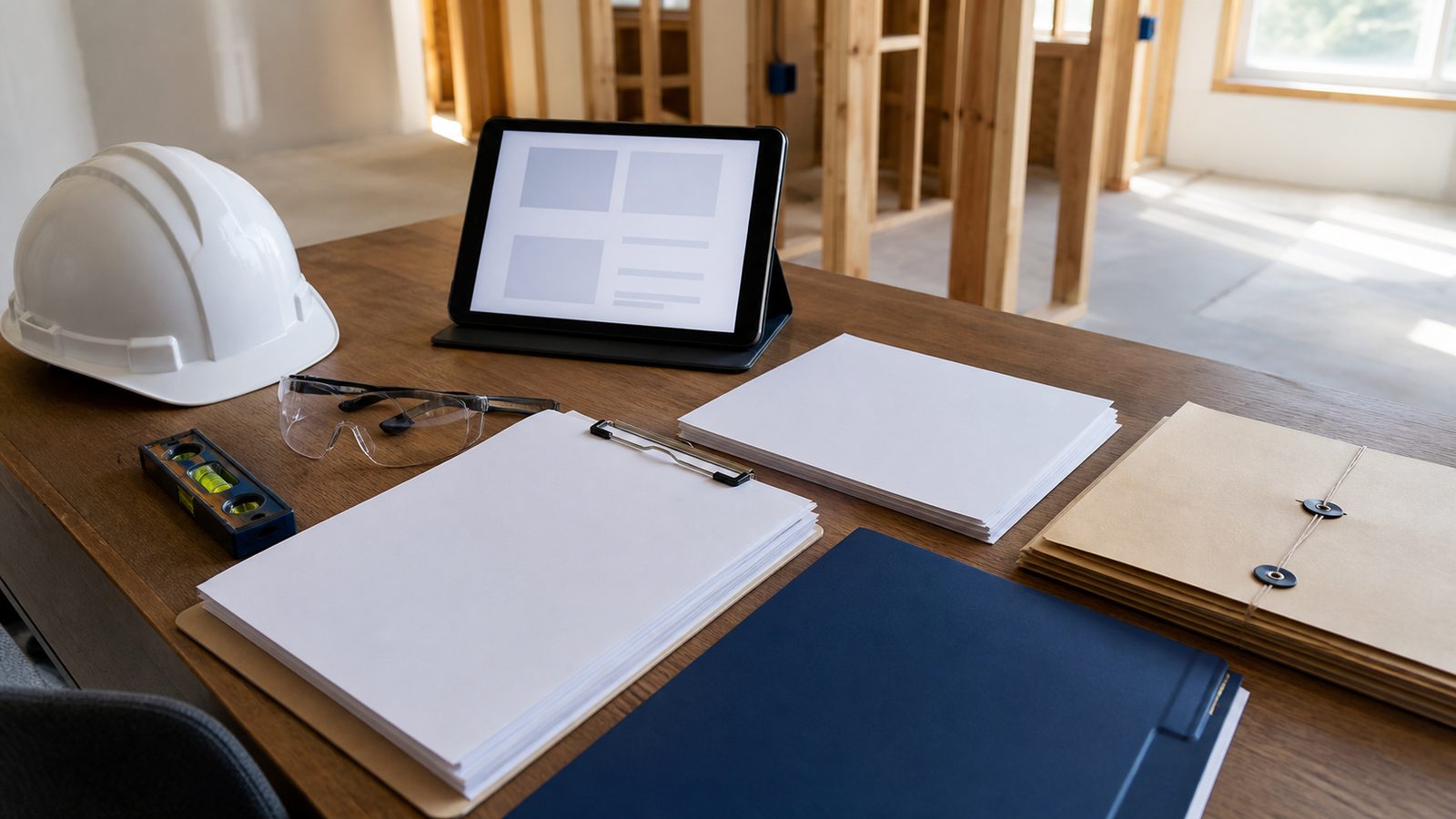 Contractor qualification documents and protective equipment on an organized jobsite desk