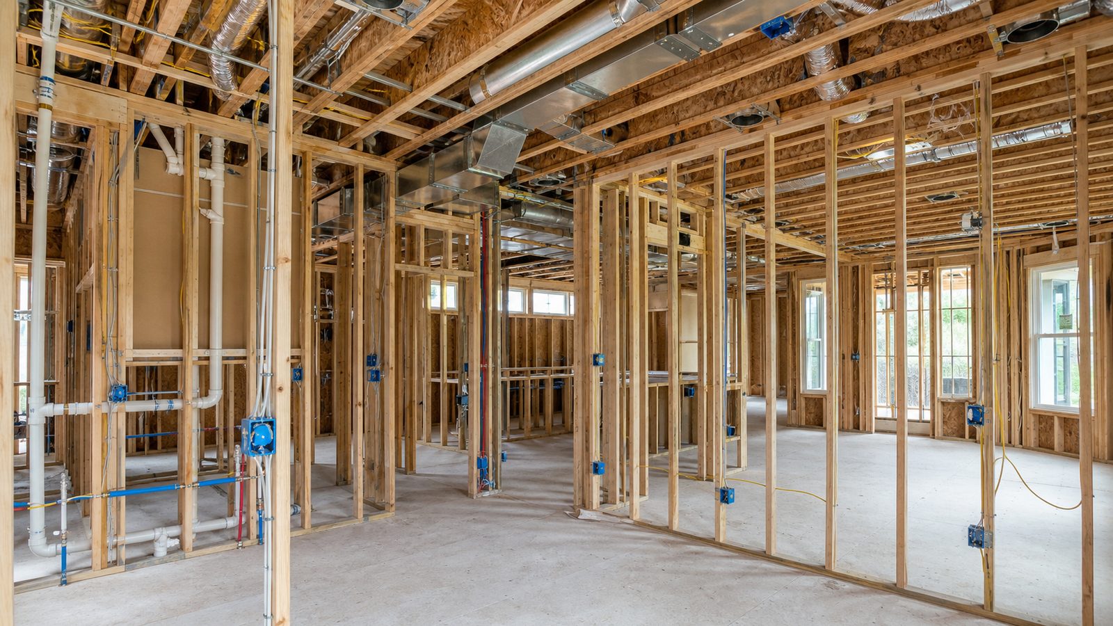 Coordinated plumbing electrical and HVAC rough-in work inside residential framing