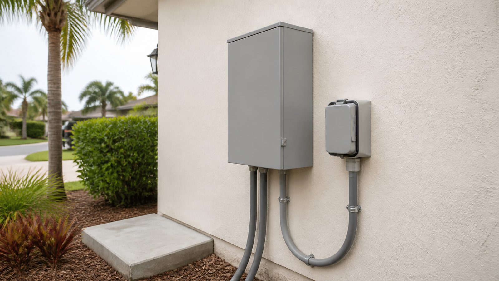 Closed exterior electrical enclosure and weatherproof generator inlet on a Florida stucco wall