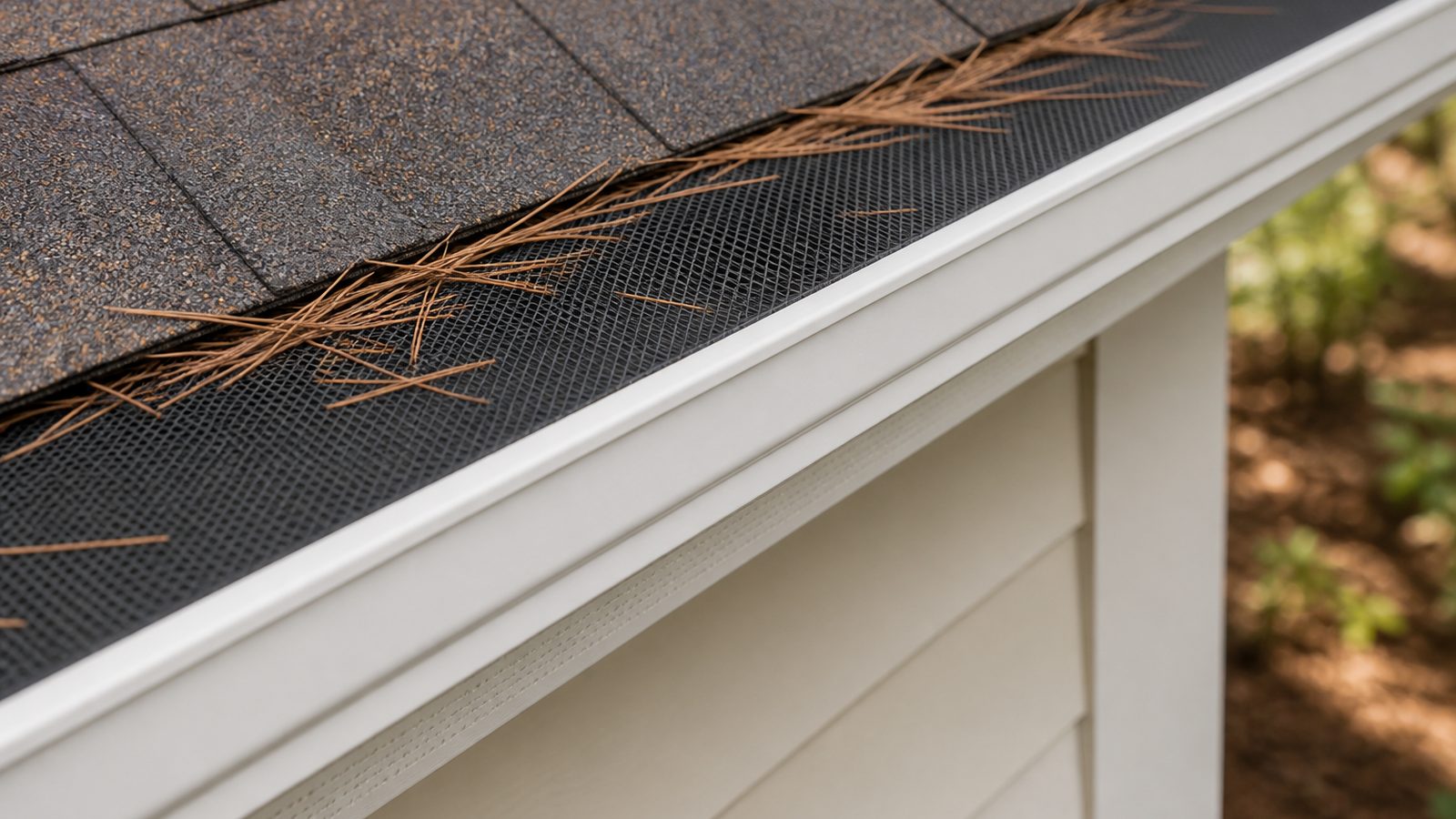 Fine black micro-mesh gutter guard tucked beneath shingles over a white gutter with dry pine needles above